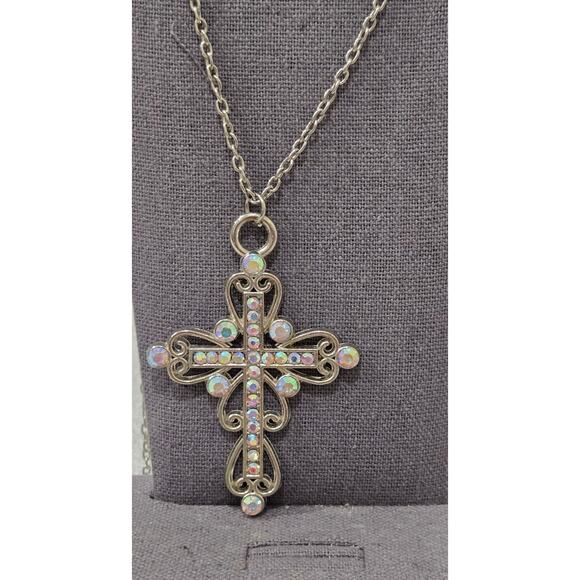 Silver Rhinestone Cross Pendant Infinity Necklace - Picture 2 of 3